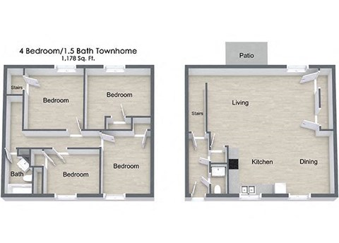 Floor plan for 4 beds, 1 bath, 929 sqft